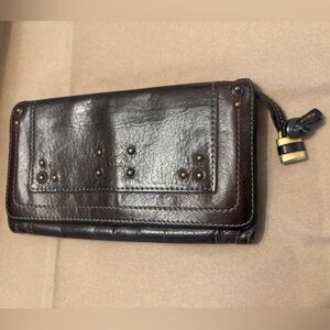 Chloe Dark Brown Soft Leather Wallet Gold Studs & Lock Charm Western